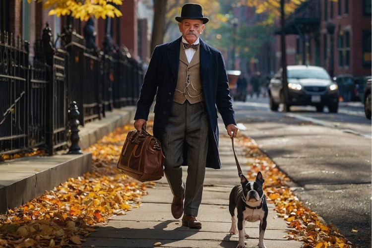 cachorro boston terrier com o homem na rua