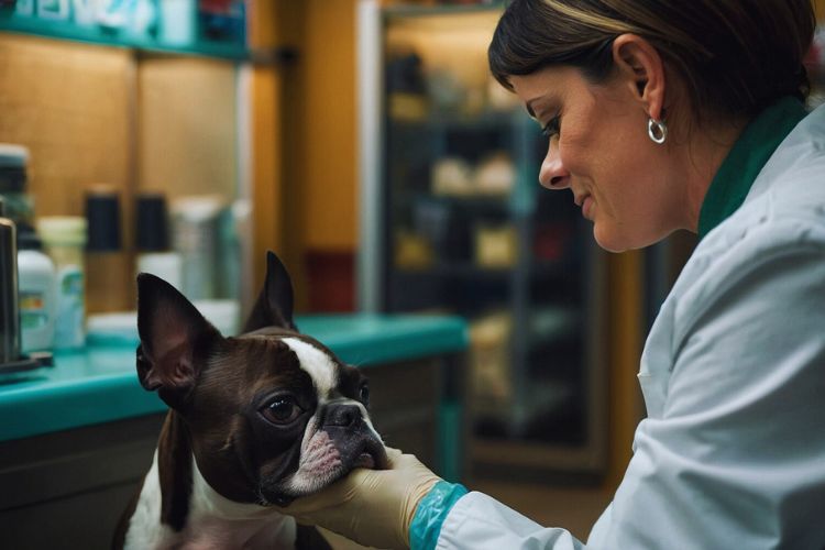 cachorro boston terrier com veterinário