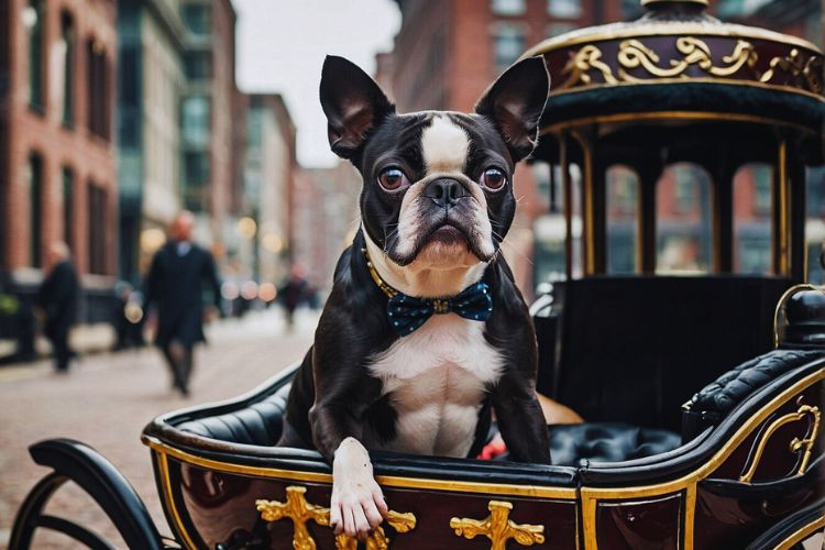 cachorro boston terrier em carruagem
