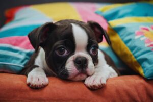 cachorro boston terrier filhote na cama