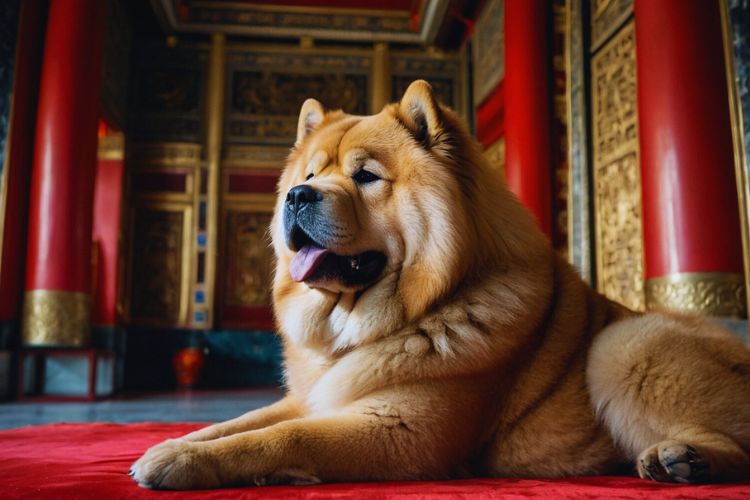cachorro chow chow dentro do palacio chinês