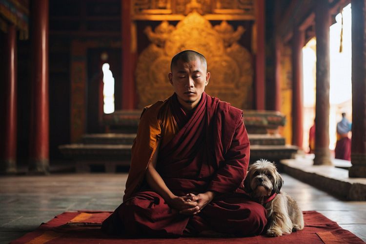 cachorro lhasa apso com monge tibetano meditando