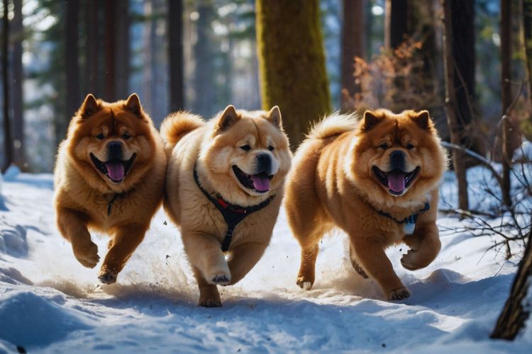 cachorros chow chow correndo na neve