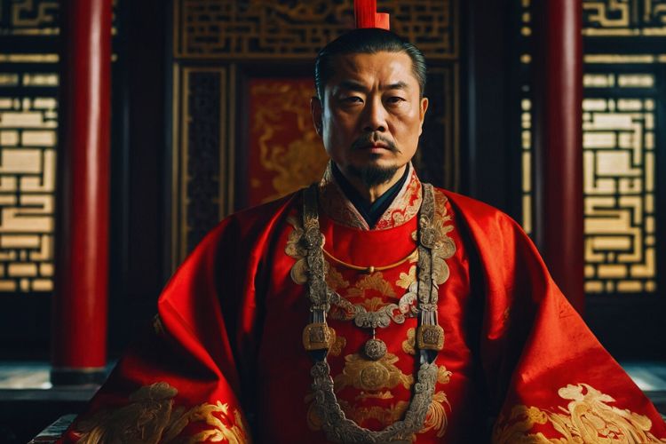 imperador chinês com roupa vermelha em seu palácio