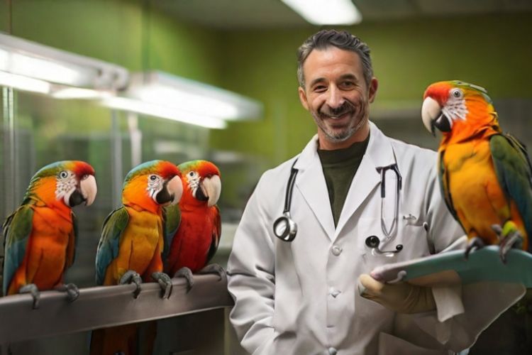 papagaios com veterinário em clínica