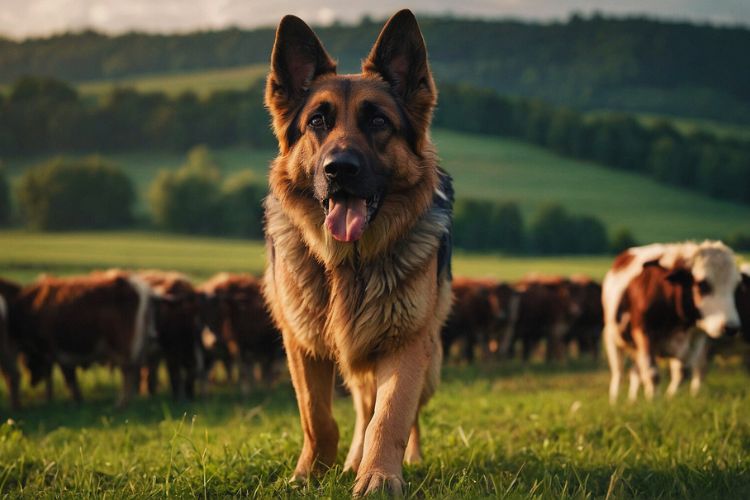 cachorro pastor alemao olando para frente na fazenda