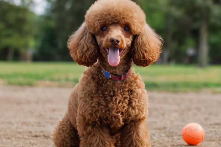 cachorro poodle marrom com brinquedo