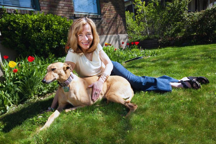 cachorro galgo junto com sua dona no jardim