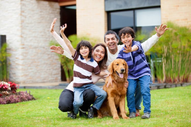 cachorro com família no quintal de casa